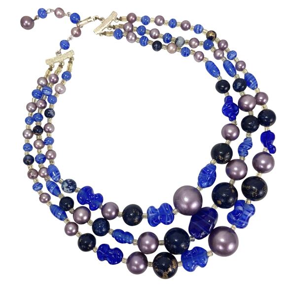 VTG Japan 50s 60s Necklace Two Strand Glass Bead Faux Pearl Graduated Colorful - Picture 1 of 13
